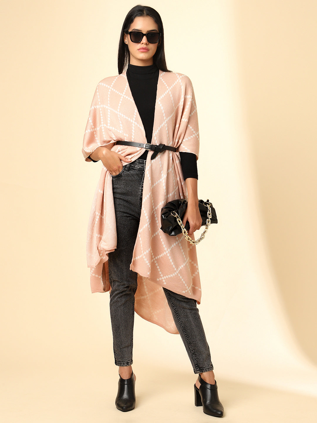 Open Front Checkered Knitted Shrug | Peach