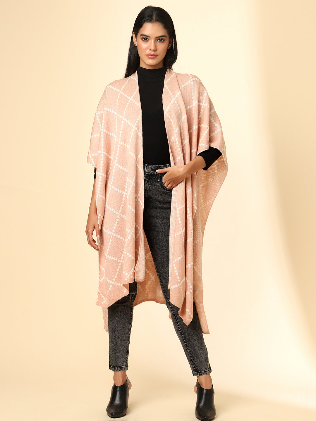 Open Front Checkered Knitted Shrug | Peach
