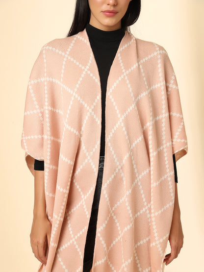 Open Front Checkered Knitted Shrug | Peach