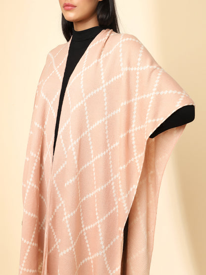 Open Front Checkered Knitted Shrug | Peach