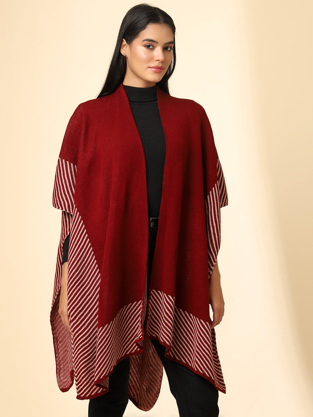 Open Front Striped Knitted Shrug | Maroon