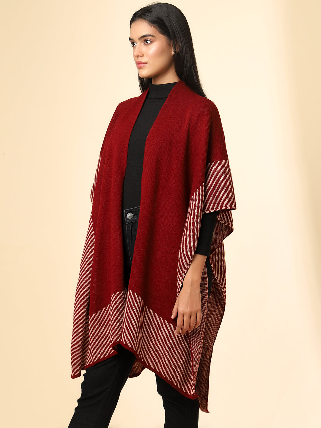Open Front Striped Knitted Shrug | Maroon