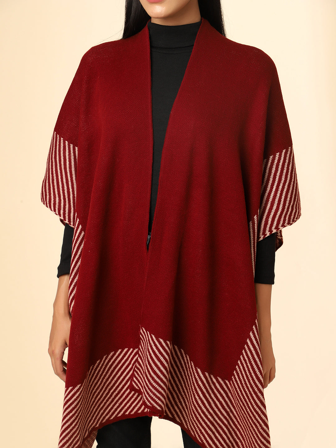 Open Front Striped Knitted Shrug | Maroon