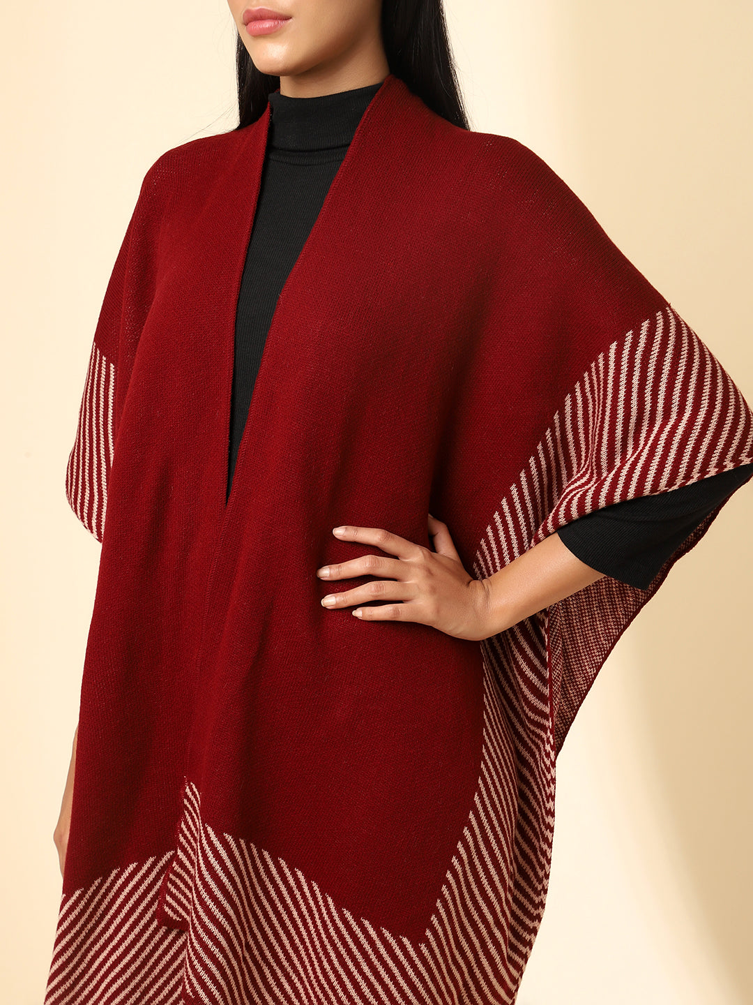 Open Front Striped Knitted Shrug | Maroon