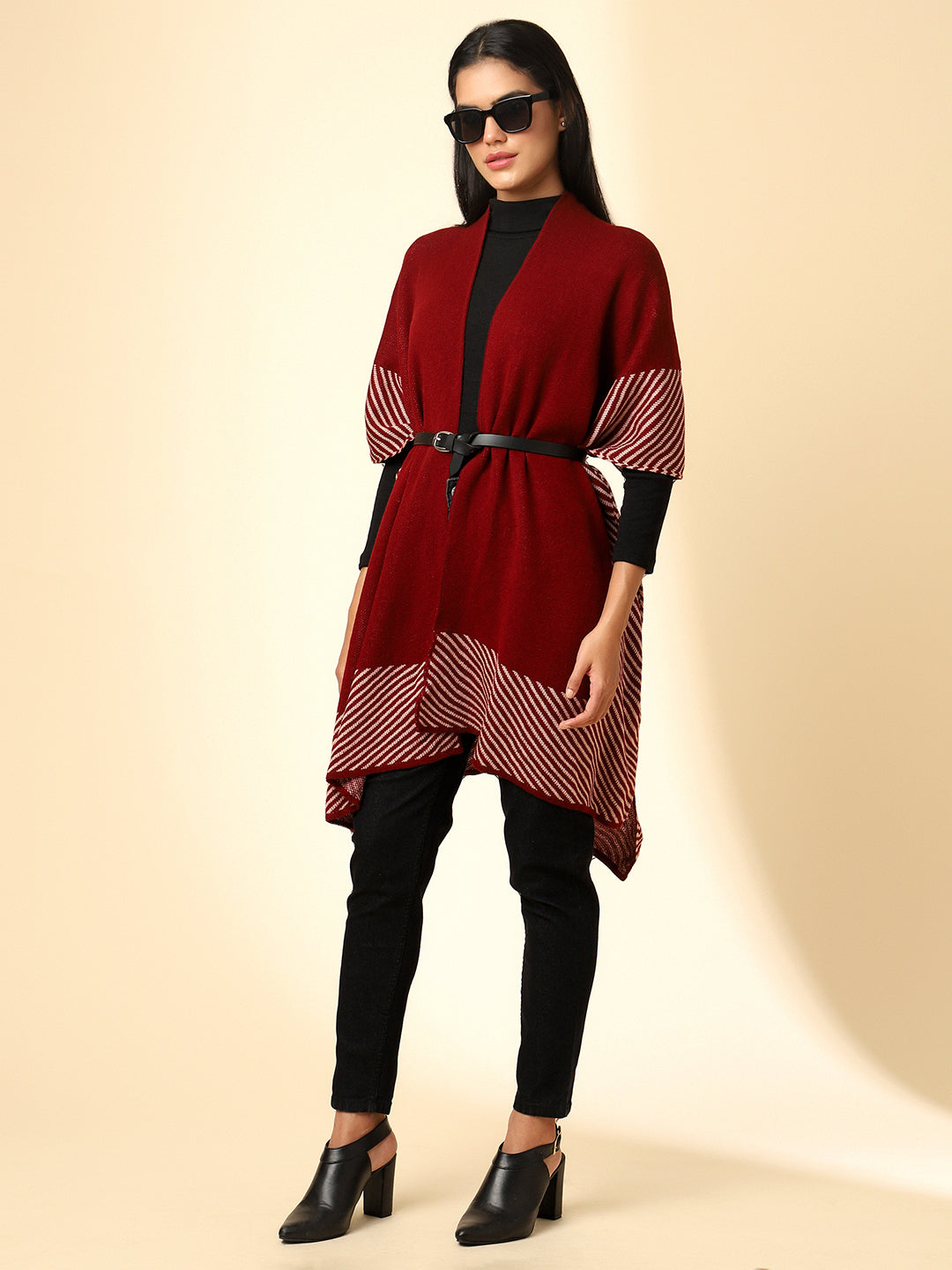 Open Front Striped Knitted Shrug | Maroon