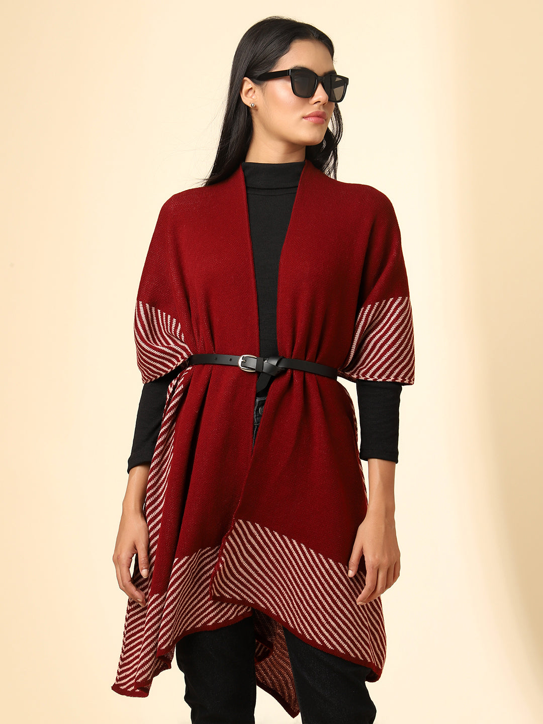 Open Front Striped Knitted Shrug | Maroon