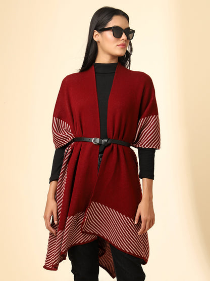 Open Front Striped Knitted Shrug | Maroon