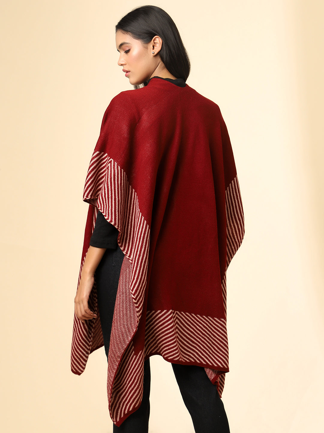 Open Front Striped Knitted Shrug | Maroon