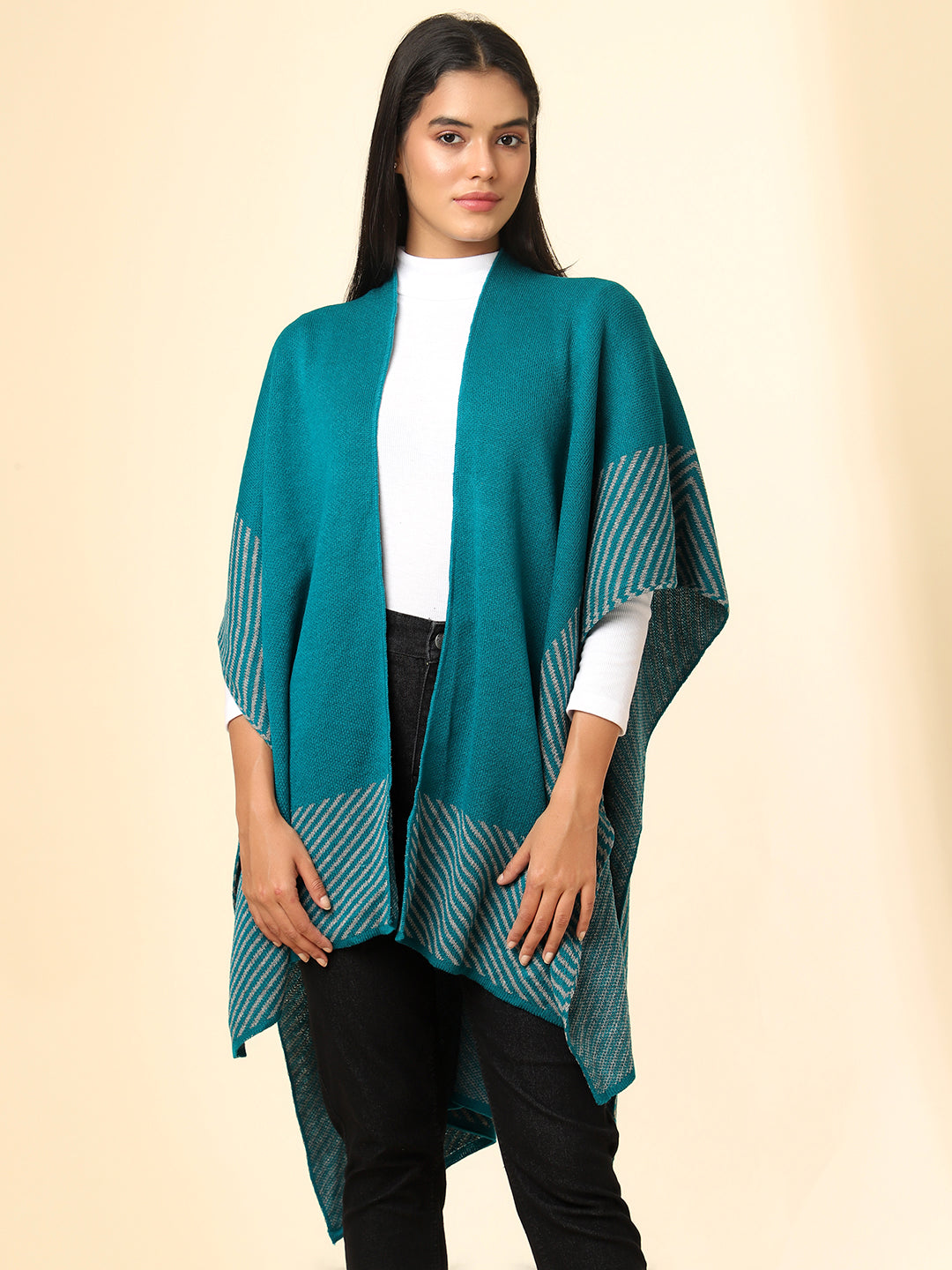 Open Front Striped Knitted Shrug | Teal