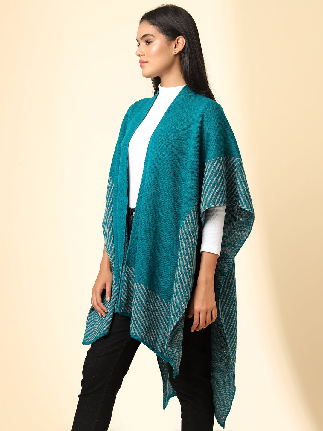 Open Front Striped Knitted Shrug | Teal