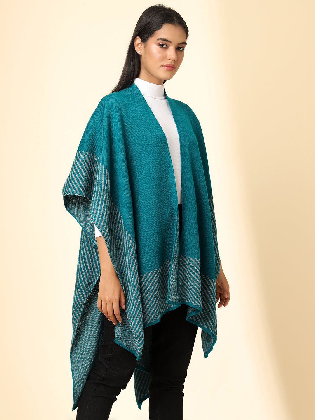 Open Front Striped Knitted Shrug | Teal