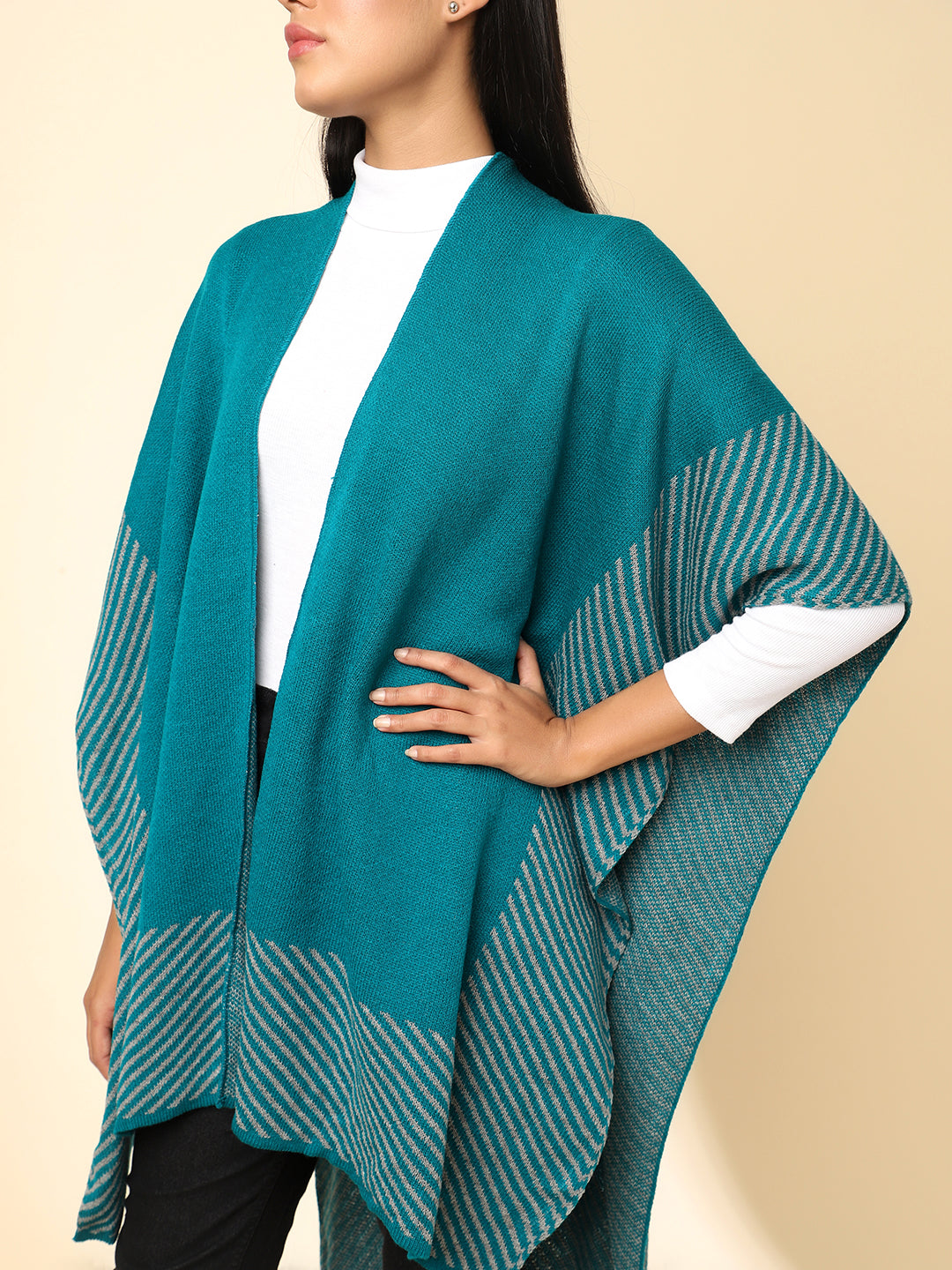 Open Front Striped Knitted Shrug | Teal
