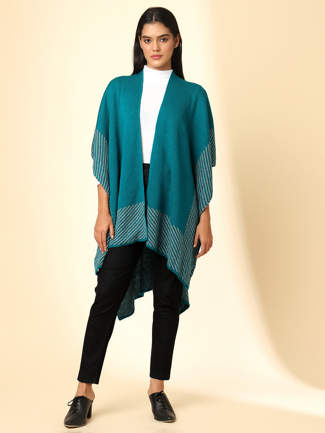 Open Front Striped Knitted Shrug | Teal