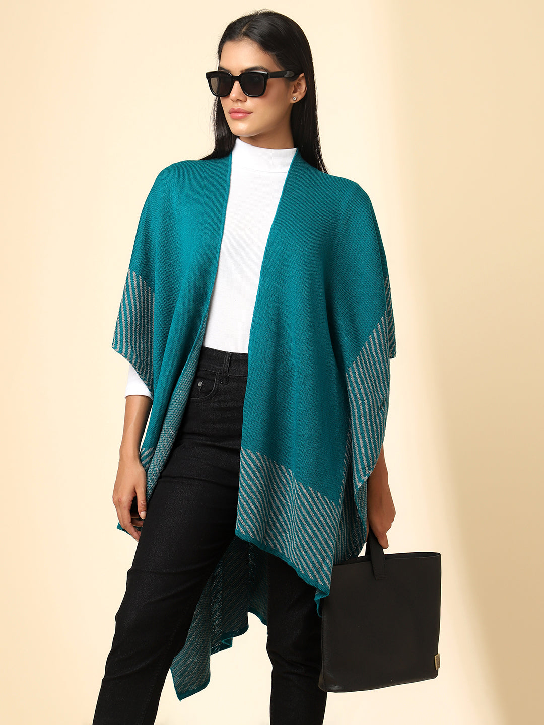 Open Front Striped Knitted Shrug | Teal