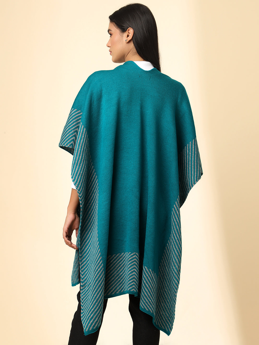 Open Front Striped Knitted Shrug | Teal