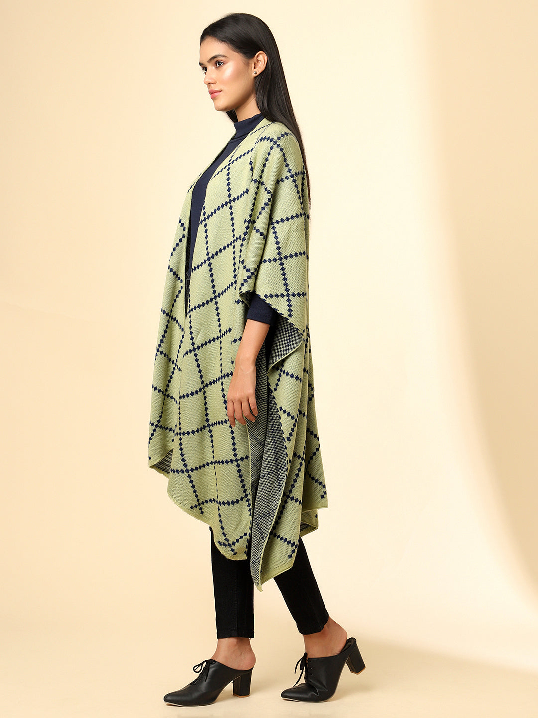 Open Front Checkered Knitted Shrug | Green
