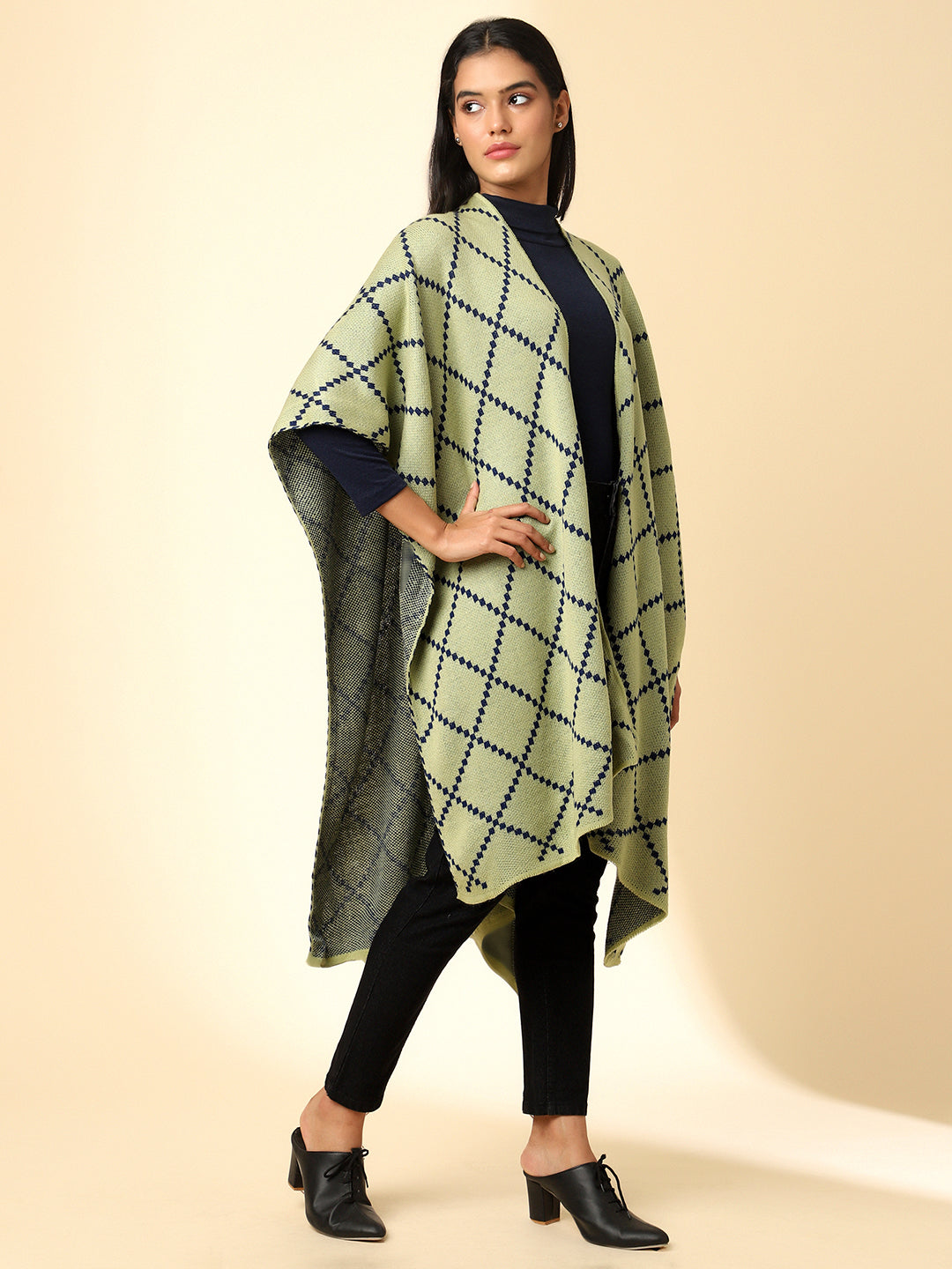 Open Front Checkered Knitted Shrug | Green