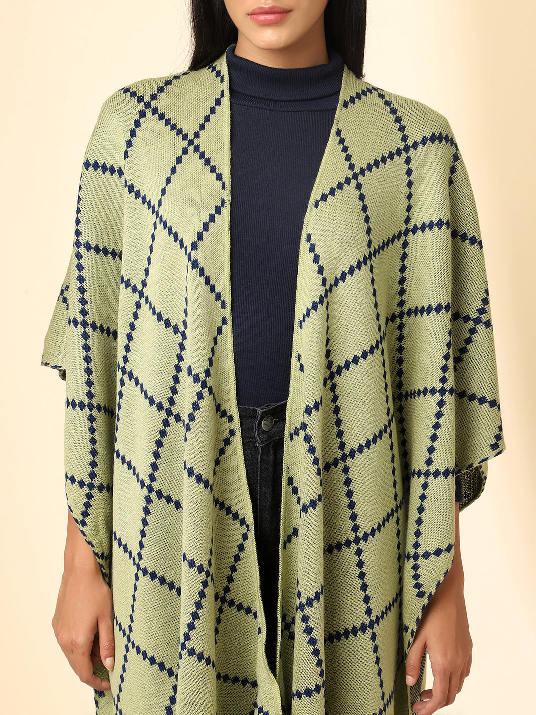 Open Front Checkered Knitted Shrug | Green