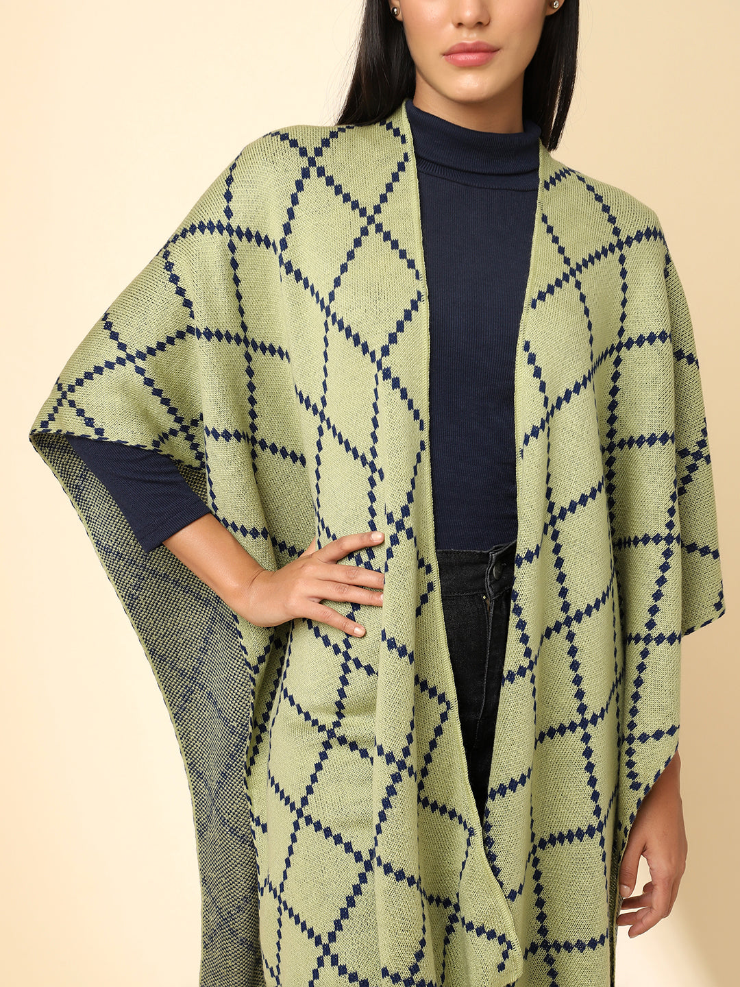 Open Front Checkered Knitted Shrug | Green