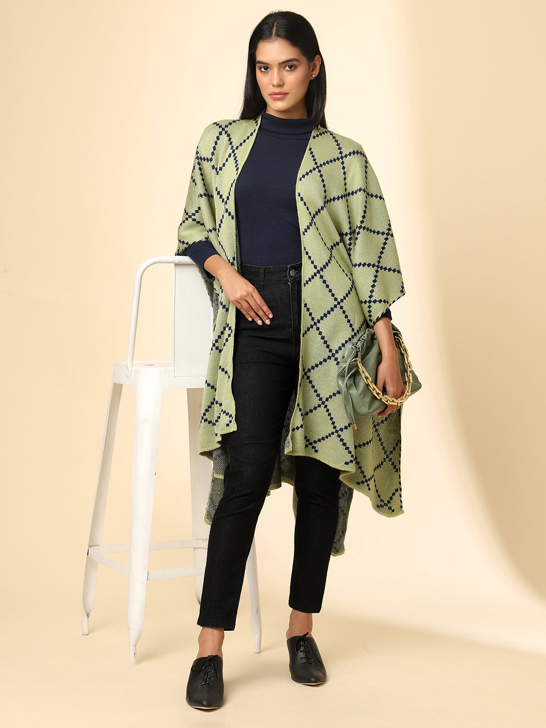 Open Front Checkered Knitted Shrug | Green