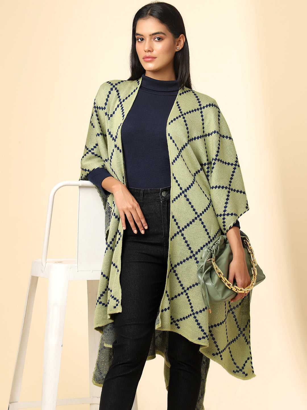 Open Front Checkered Knitted Shrug | Green