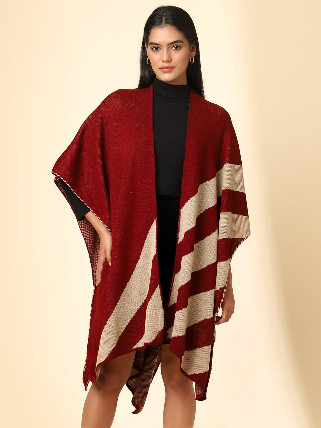 Open Front Striped Knitted Shrug | Maroon