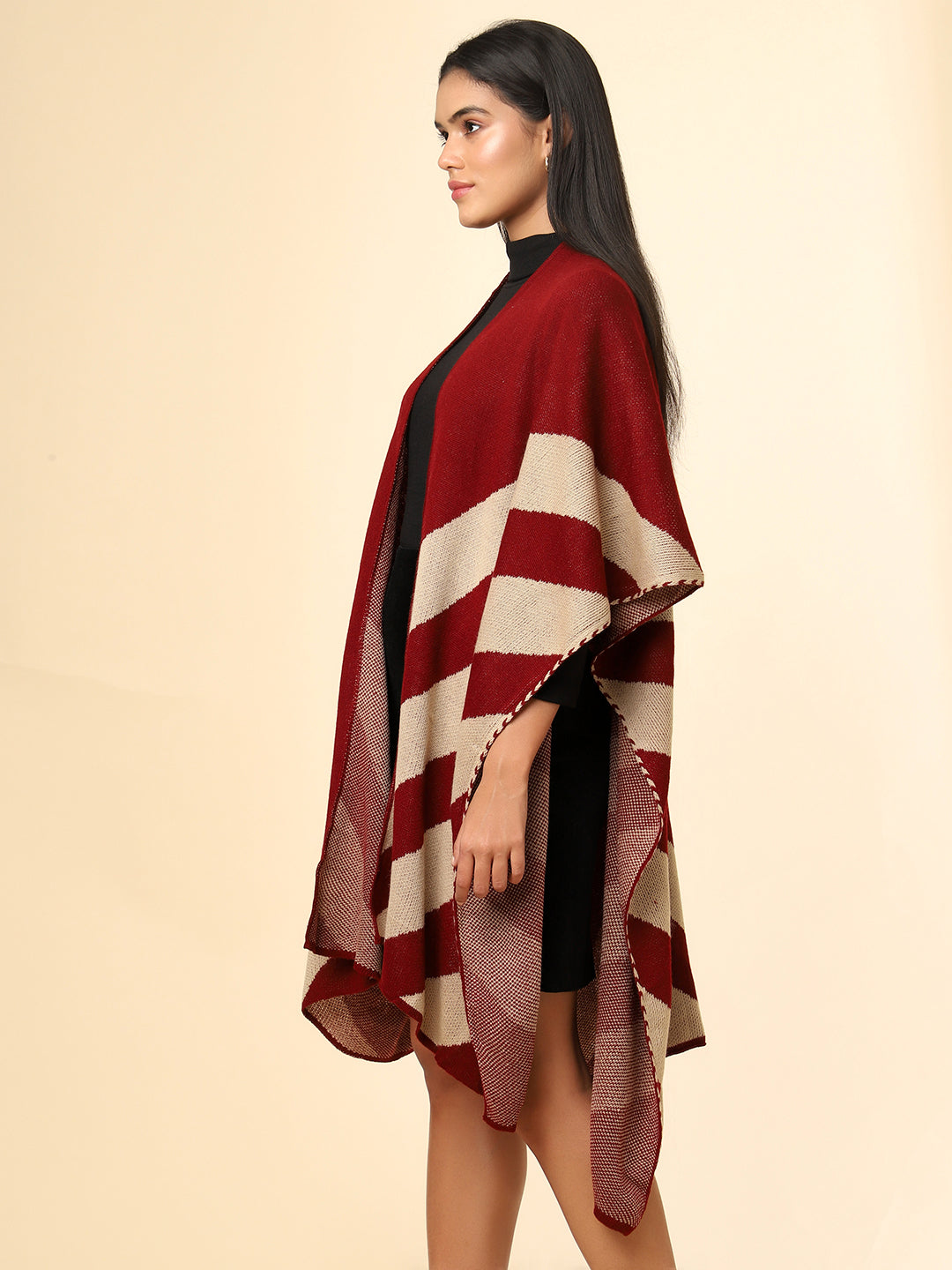 Open Front Striped Knitted Shrug | Maroon