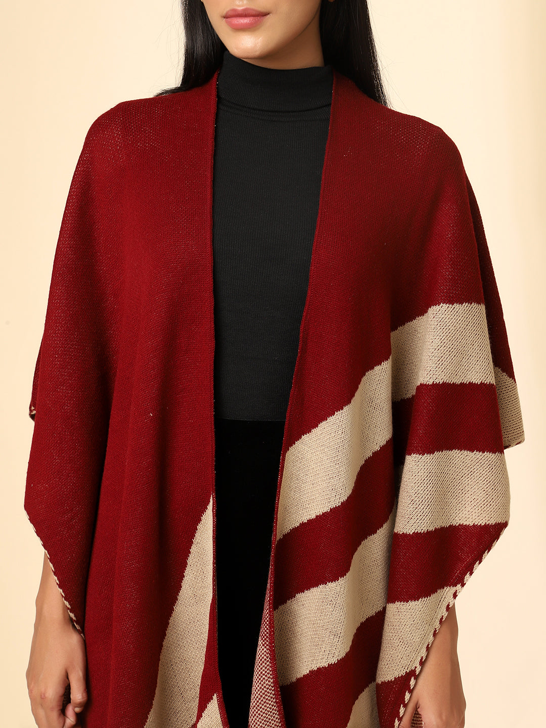 Open Front Striped Knitted Shrug | Maroon