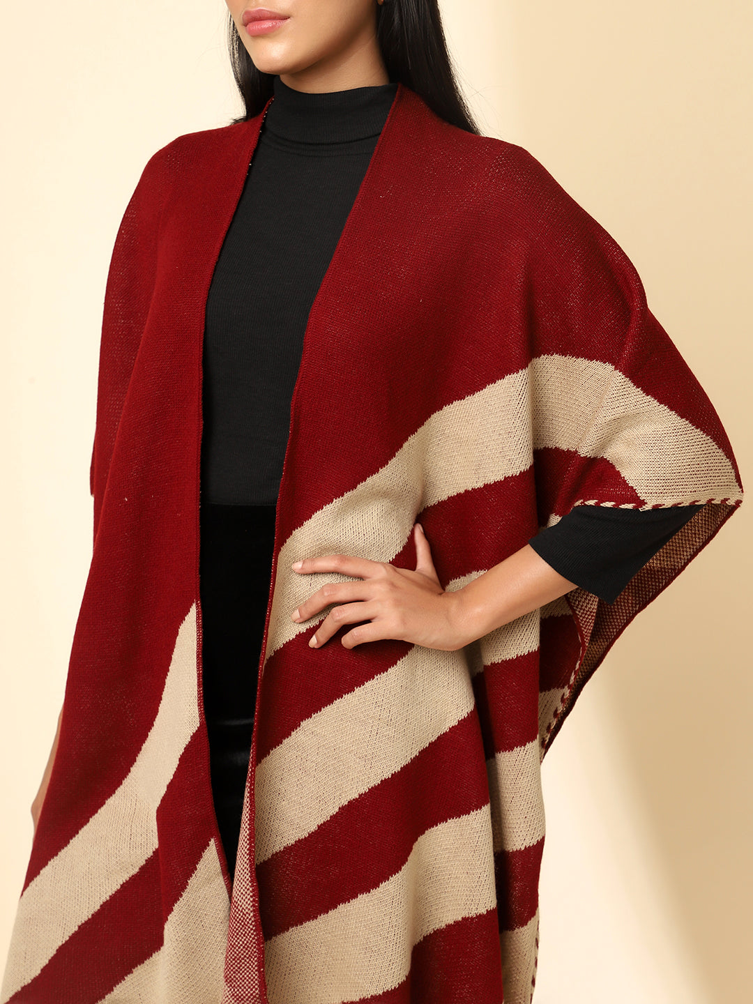 Open Front Striped Knitted Shrug | Maroon