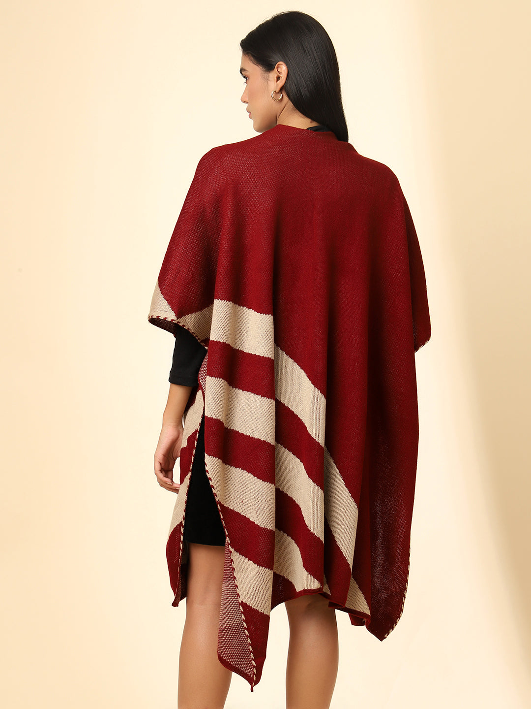 Open Front Striped Knitted Shrug | Maroon
