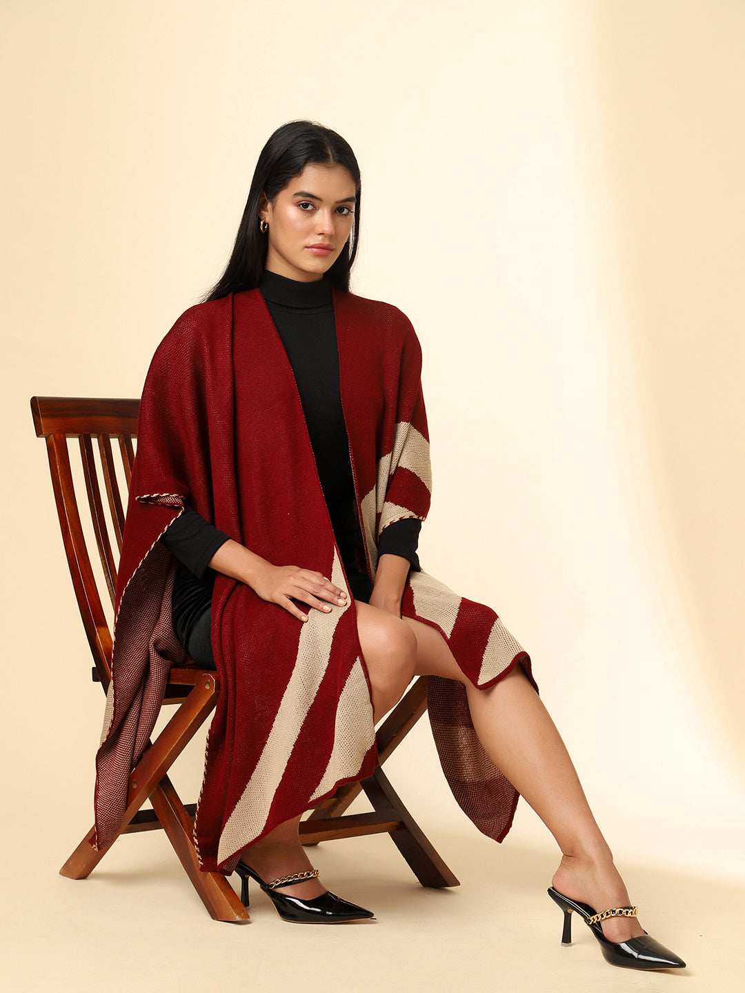Open Front Striped Knitted Shrug | Maroon