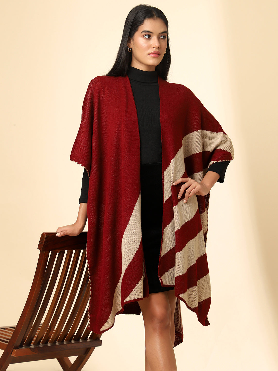 Open Front Striped Knitted Shrug | Maroon