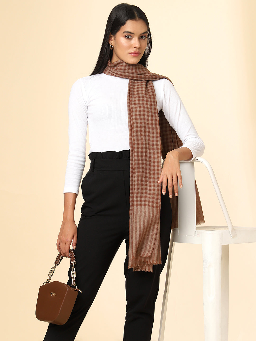 Women Pure Wool Woven Checks Soft Touch Stole | Brown
