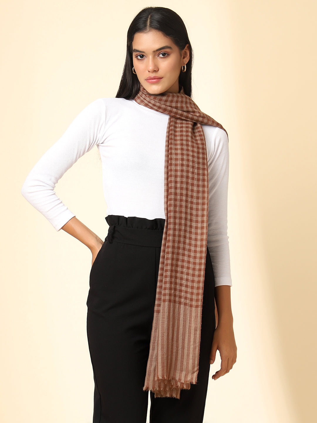 Women Pure Wool Woven Checks Soft Touch Stole | Brown