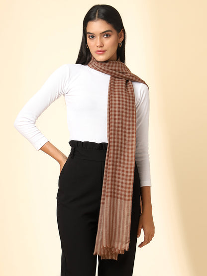 Women Pure Wool Woven Checks Soft Touch Stole | Brown