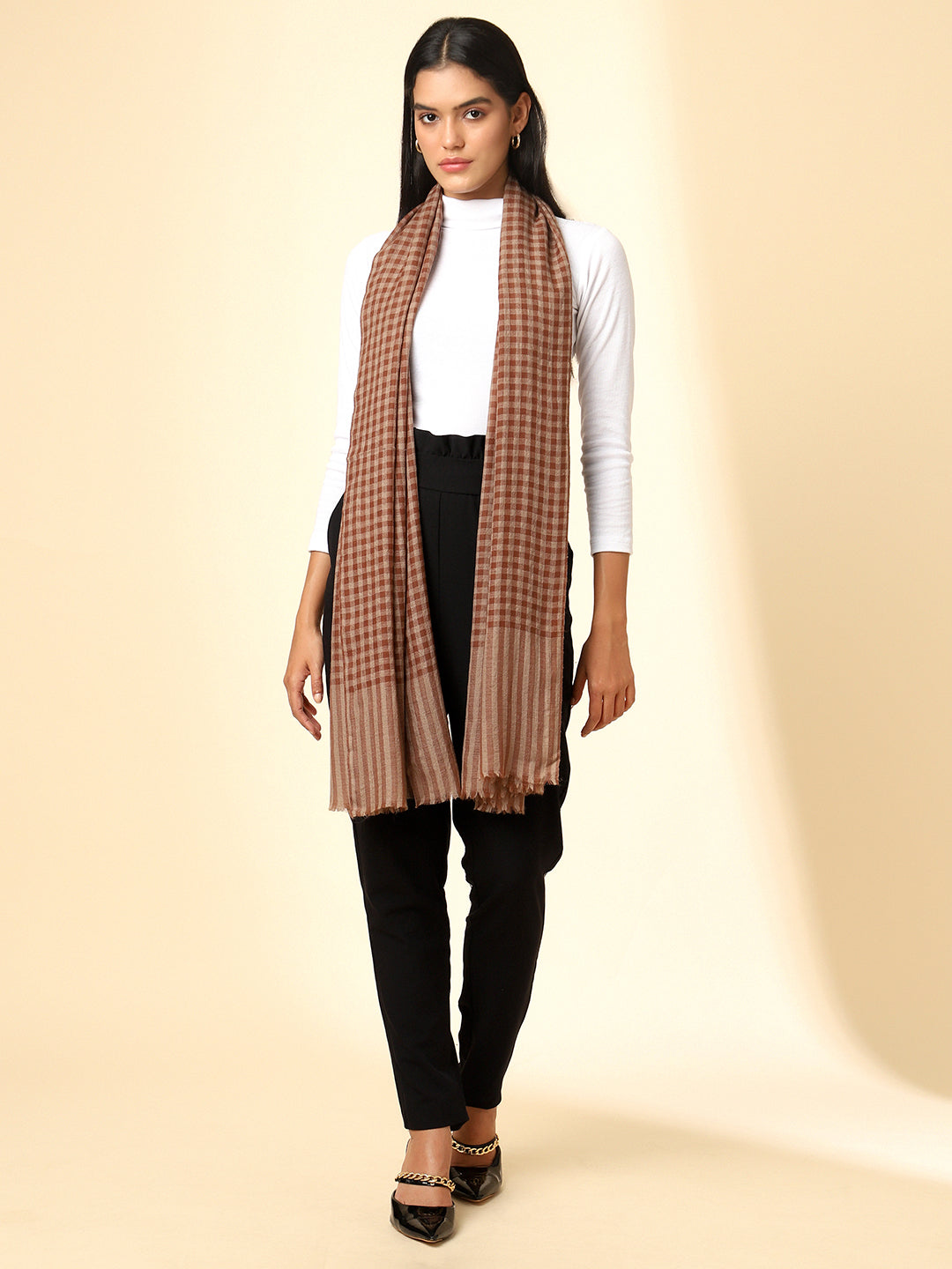 Women Pure Wool Woven Checks Soft Touch Stole | Brown