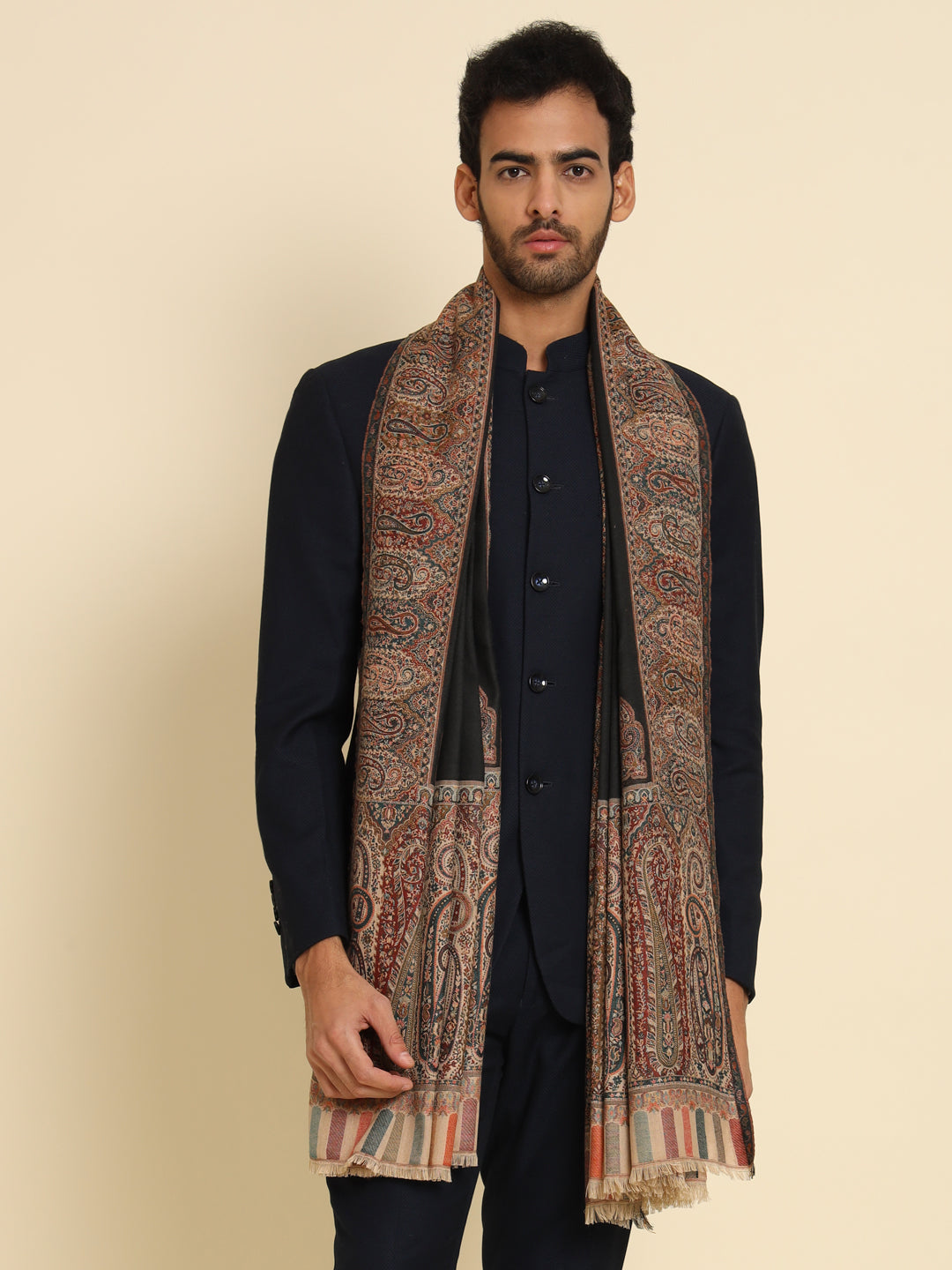 Kani Weave Woven Shawl for Men in Royal Patterns | Black