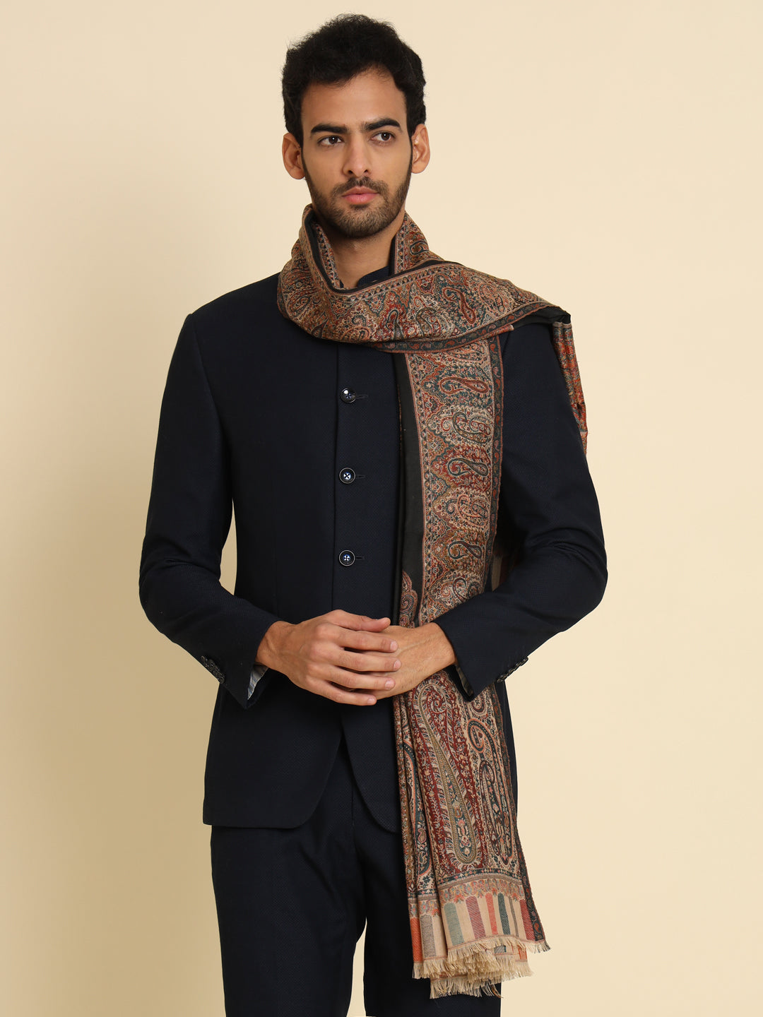 Kani Weave Woven Shawl for Men in Royal Patterns | Black