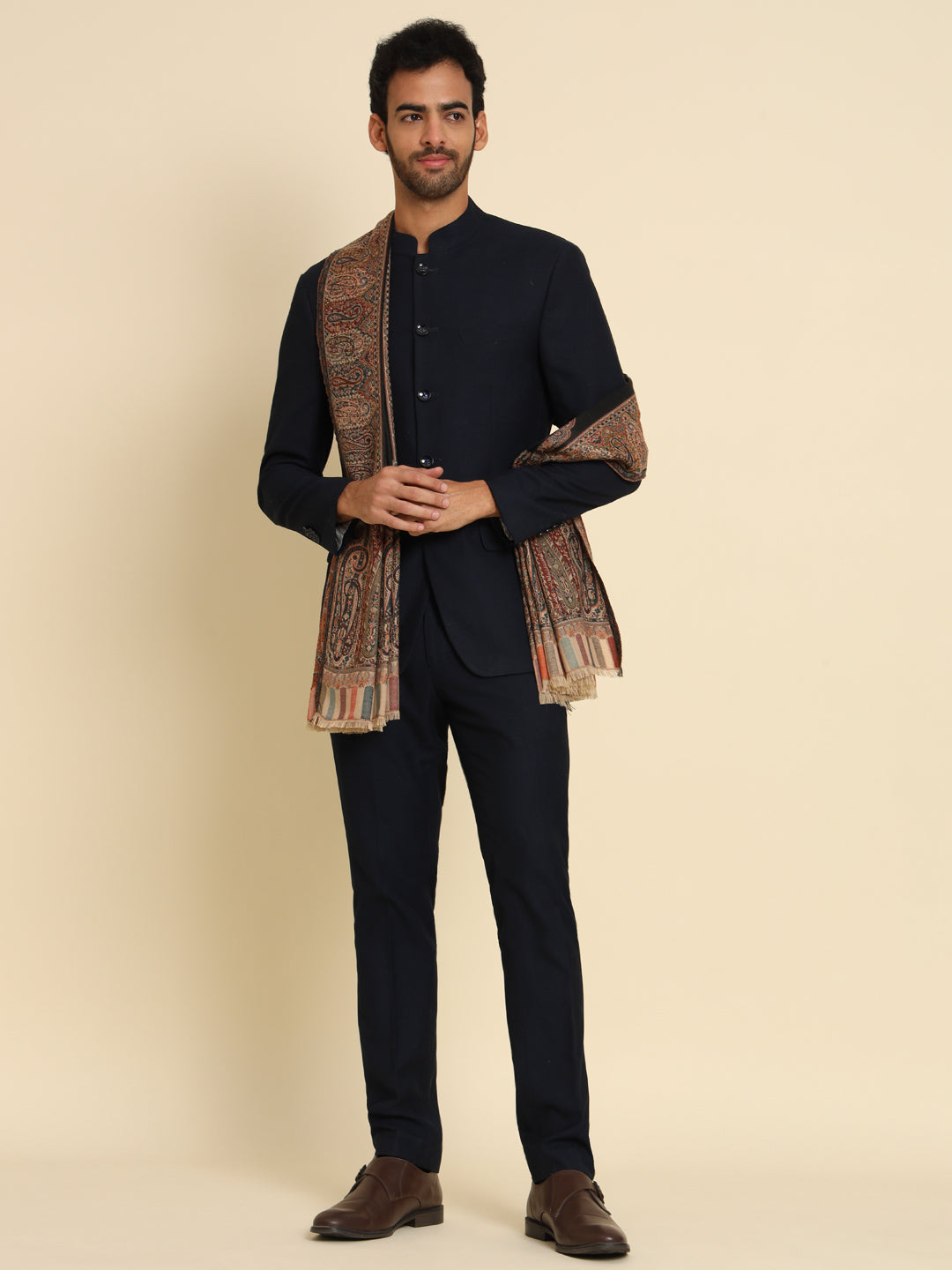 Kani Weave Woven Shawl for Men in Royal Patterns | Black