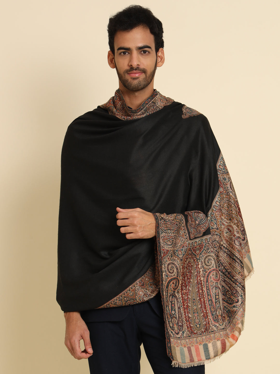Kani Weave Woven Shawl for Men in Royal Patterns | Black