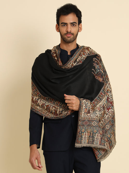 Kani Weave Woven Shawl for Men in Royal Mughal Patterns | Black
