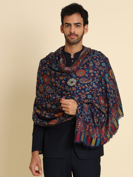 Kani Weave Woven Shawl for Men in Floral Patterns | Blue