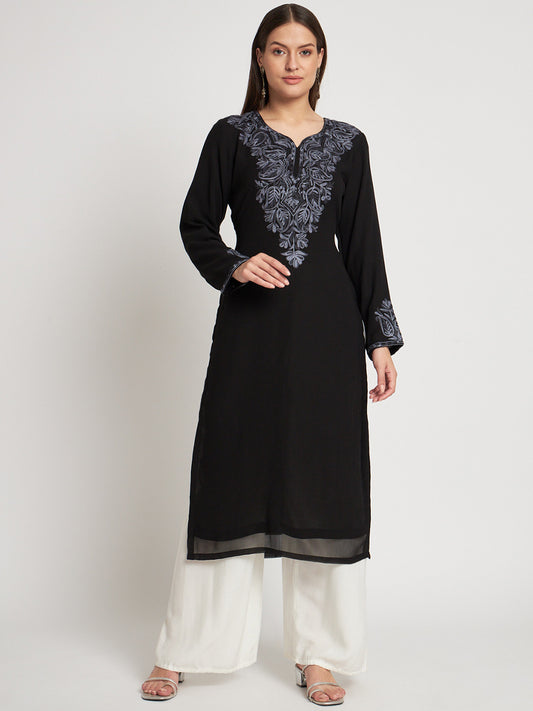 Unstitched Kurta in Faux Georgette with Aari Embroidery (without lining) | Black