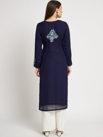 Unstitched Kurta in Faux Georgette with Aari Embroidery (without lining) | Navy Blue