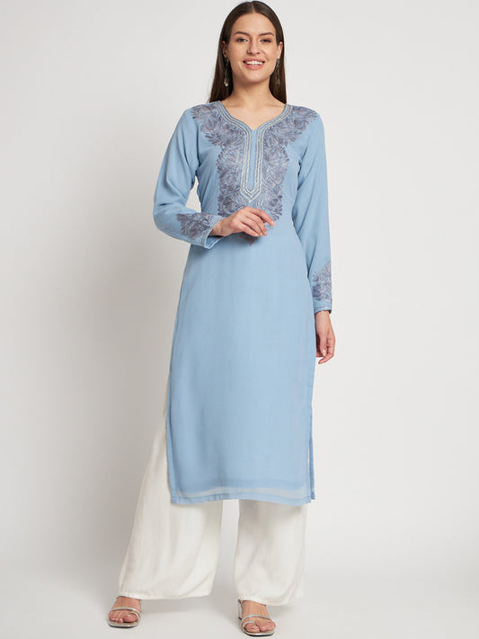 Unstitched Kurta in Faux Georgette with Aari Embroidery (without lining) | Sky Blue