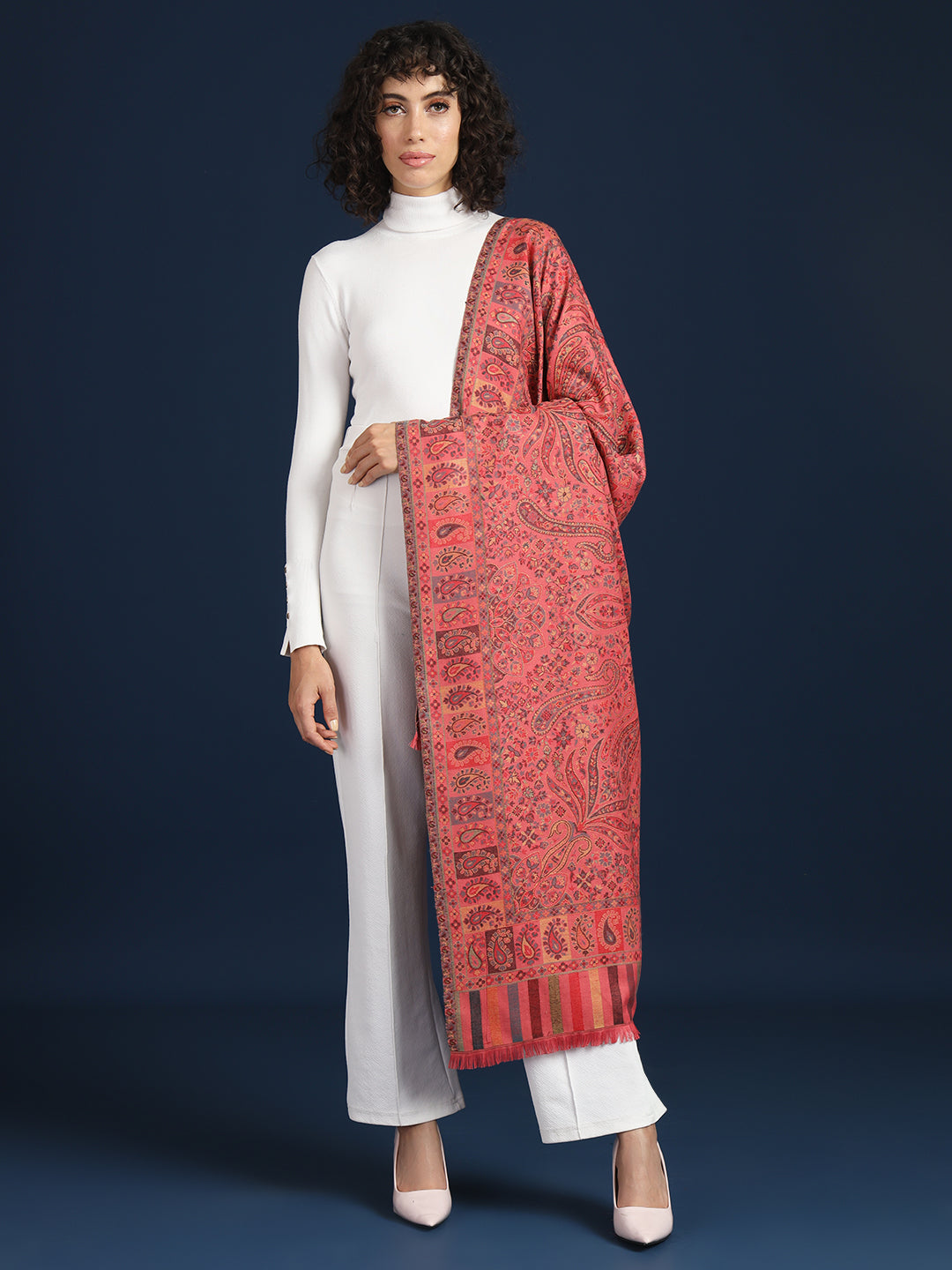 Kani Shawl for Women with Paisley Jaal Pattern | Pink