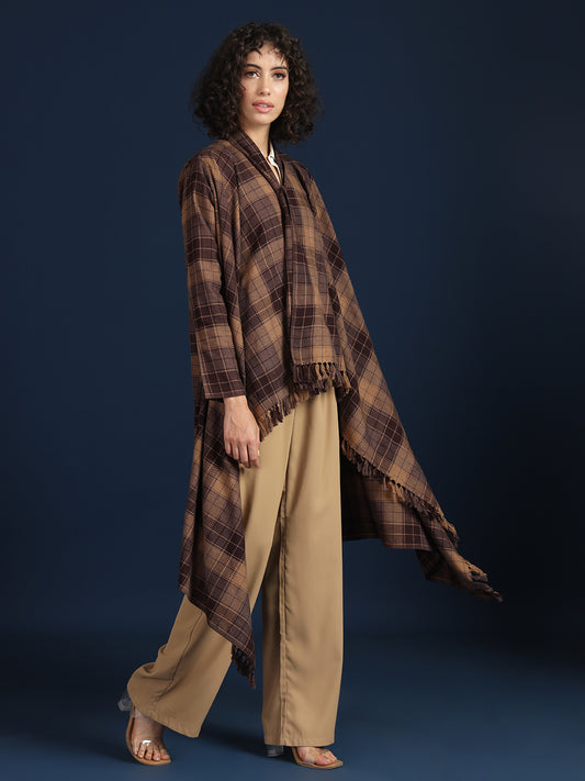 Women's Woven Full Sleeves Cape Shrug in Checked Patterns | Brown