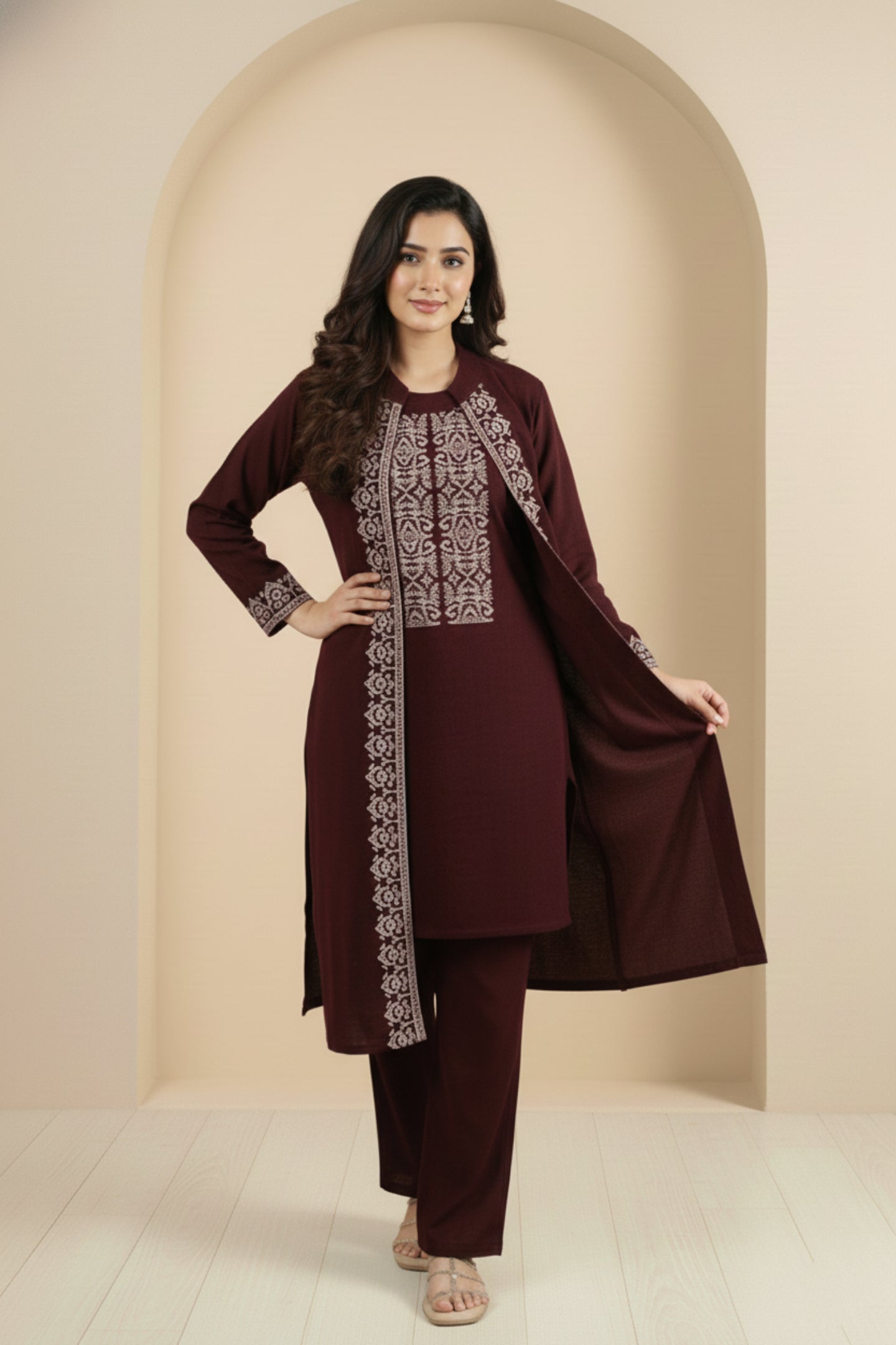 Three-Piece Woolen Knitted Coord Set | Maroon