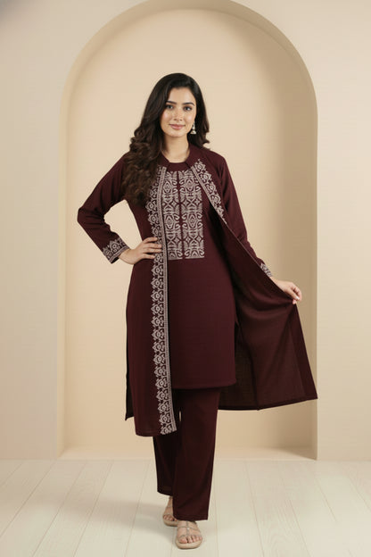 Three-Piece Woolen Knitted Coord Set | Maroon