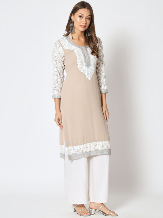 Unstitched Kurta in Faux Georgette with Aari Embroidery (without lining) | Ivory